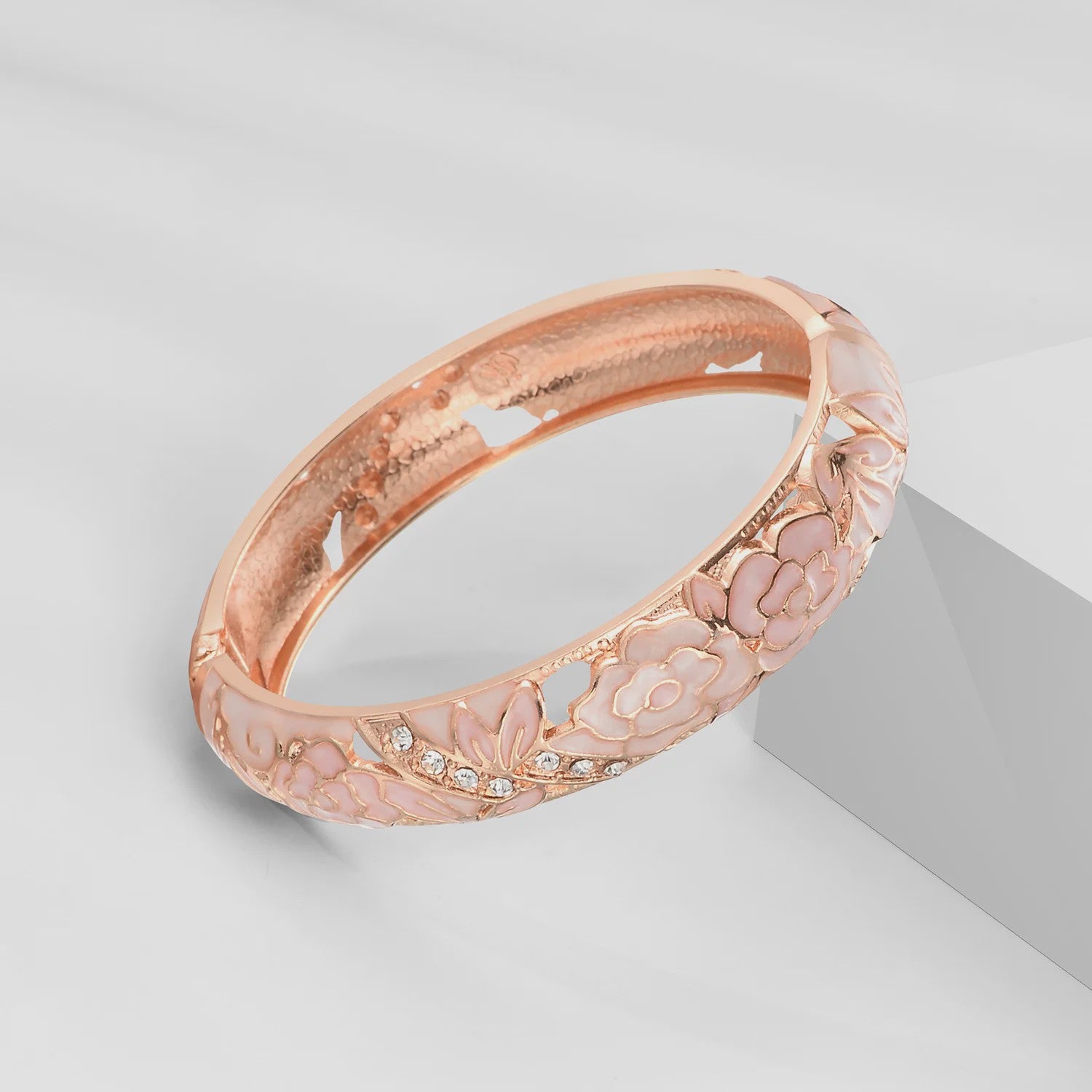 Chique Roze Emaille Armbanden Set - Bloemen & Kristallen