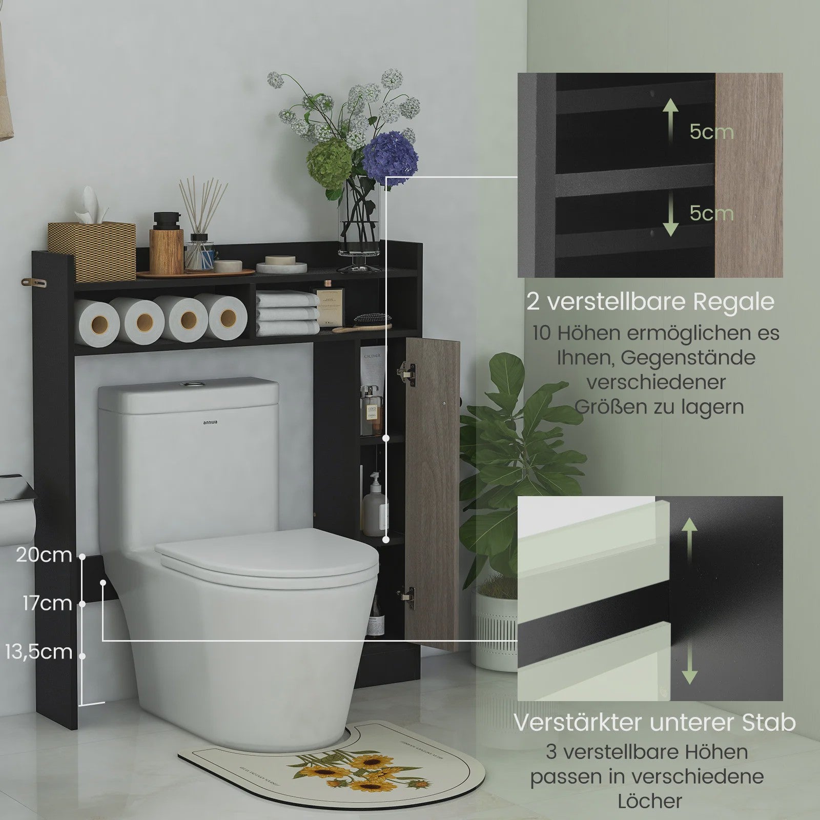 Toiletkast - Vrijstaande Badkamerkast met Verstelbare Planken en Deur