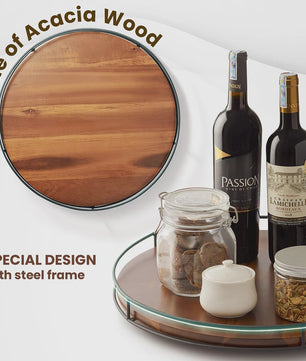 Draaibare Acacia Houten Serveerschaal met Metalen Rand - Keuken Organizer