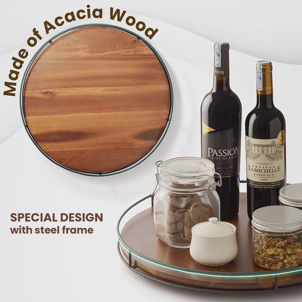 Draaibare Acacia Houten Serveerschaal met Metalen Rand - Keuken Organizer