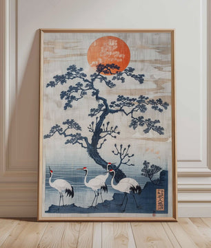 Japanse Kraanvogel Poster - Vintage Ukiyo-e Muurkunst met Rode Zon en Pijnboom