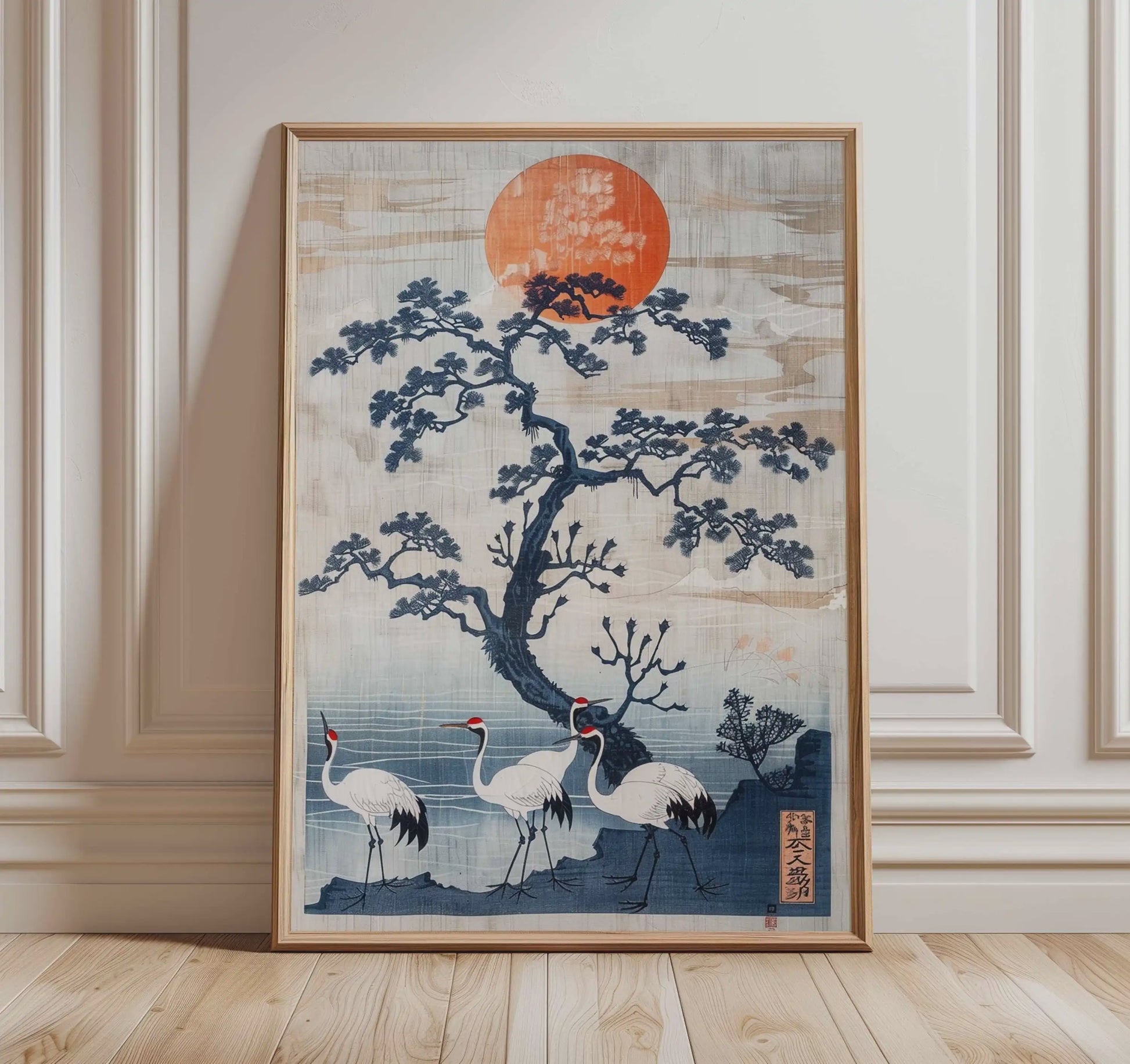 Japanse Kraanvogel Poster - Vintage Ukiyo-e Muurkunst met Rode Zon en Pijnboom