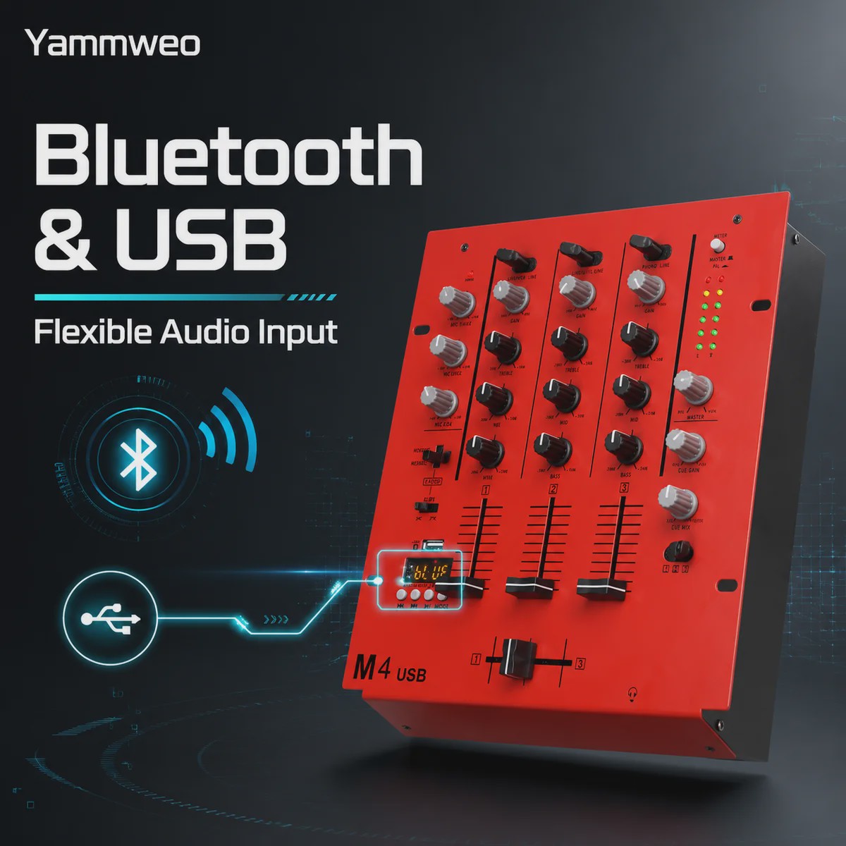 Yamnweo M4 Mini DJ Mixer - 3 Kanaals Audio Console met Bluetooth, USB MP3 & EQ
