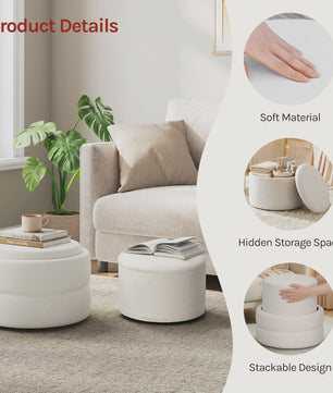 Set van 2 Witte Fluweel Zachte Ottomans met Verborgen Opbergruimte en Stapelbaar Design