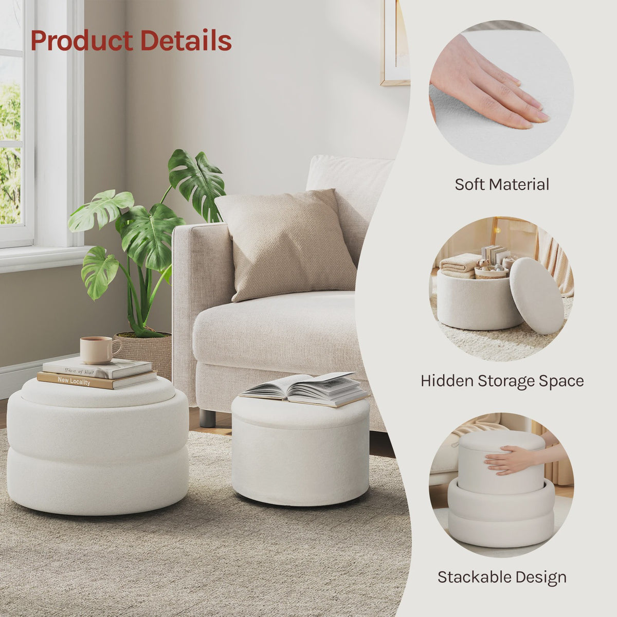 Set van 2 Witte Fluweel Zachte Ottomans met Verborgen Opbergruimte en Stapelbaar Design