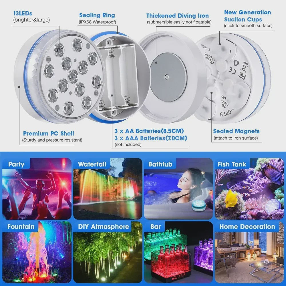 Waterdichte Onderwater LED Lamp met Afstandsbediening - 13 LEDs, RGB Kleuren, IP68