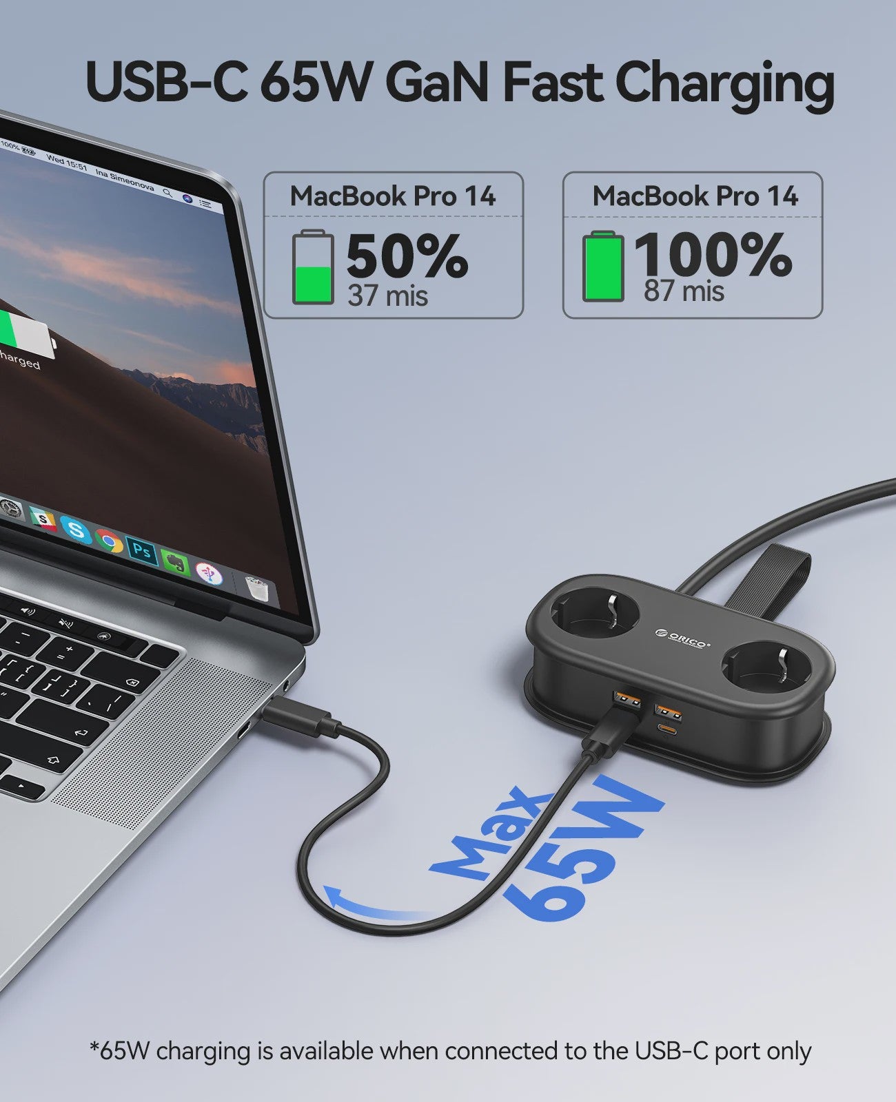 ORICO GaN 65W Power Strip: 2x AC, 2x USB-A, 1x USB-C - Snel Laden voor Thuis & Reizen