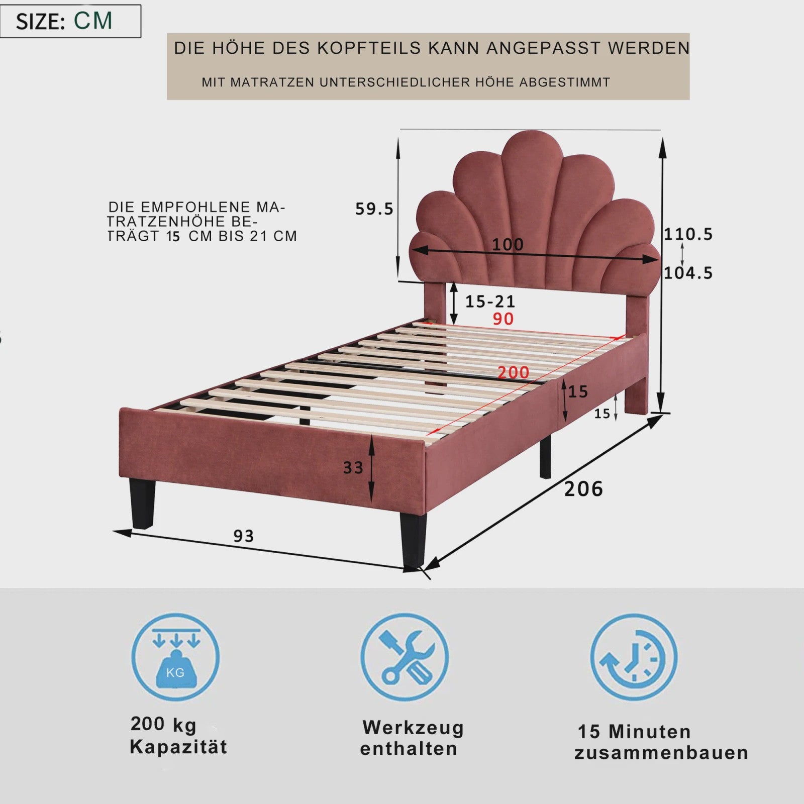 Kinderbed met Verstelbaar Hoofdbord en Bloemmotief - Velours - Meisjesbed