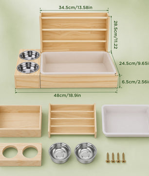 3 in 1 Rabbit Hay Feeder with Litter Box and Bowls, Wooden Small Animal Feeding Station with Hay Rack, Rabbit Food Dispenser for Guinea Pig Hamster Chinchilla Ferret