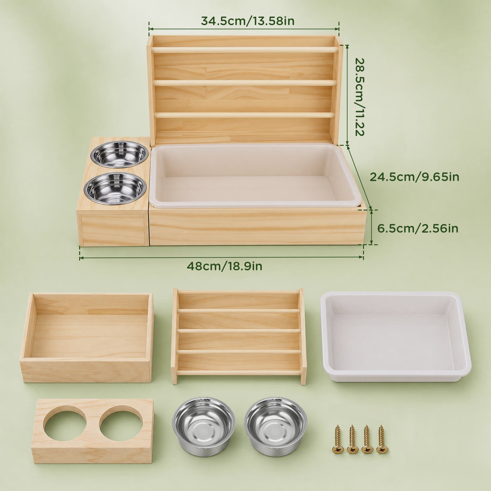 3 in 1 Rabbit Hay Feeder with Litter Box and Bowls, Wooden Small Animal Feeding Station with Hay Rack, Rabbit Food Dispenser for Guinea Pig Hamster Chinchilla Ferret