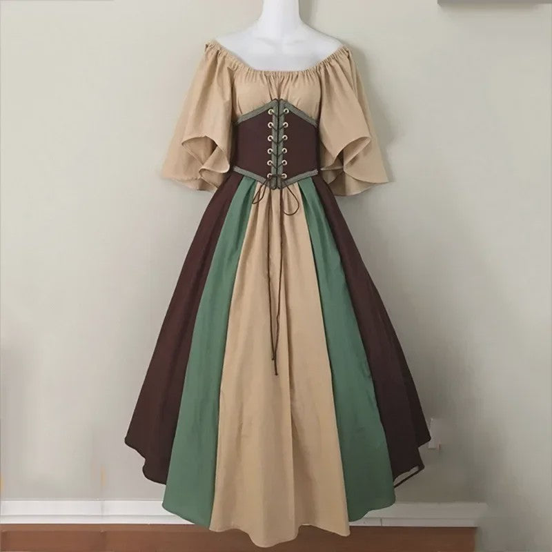 Middeleeuwse Retro Jurk met Contrastkleuren en Off-Shoulder Halslijn