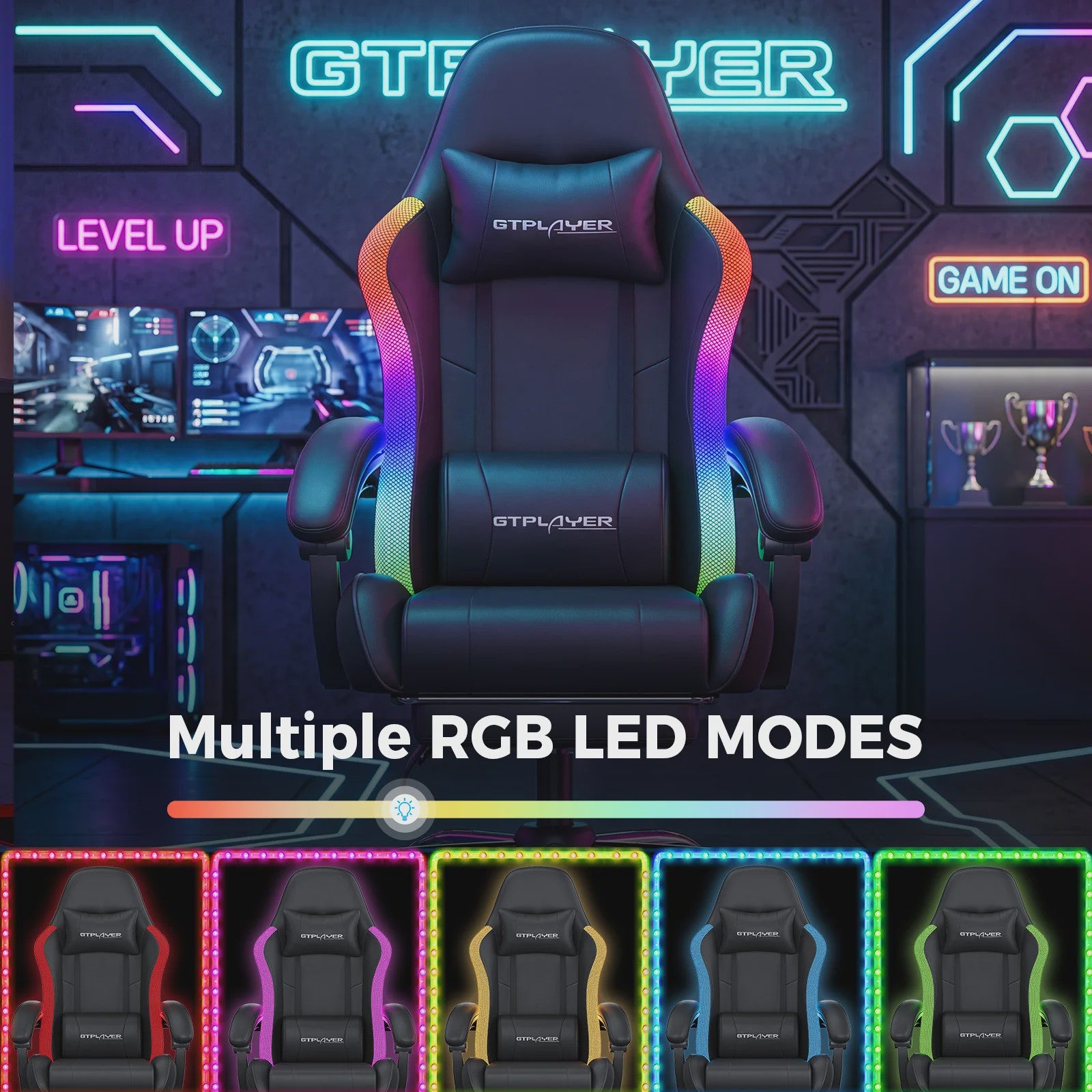 GTPLAYER Ergonomische Gaming & Kantoorstoel met LED Verlichting, Massagefunctie en Opbergvak