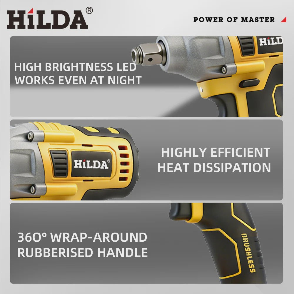 HILDA 1/2" Brushless Slagmoersleutel - 1200 Nm Krachtige Accu Klopmachine voor Banden en Steigerbouw (Compatibel met Makita)