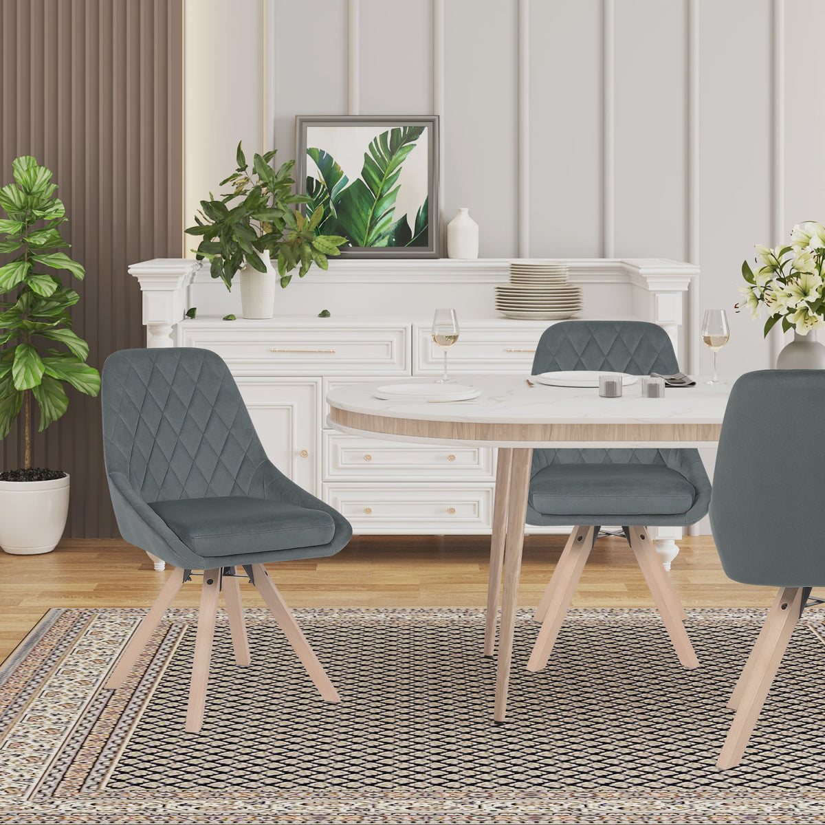 Set van 2 fluwelen eetkamerstoelen, draaibaar en ergonomisch met houten poten