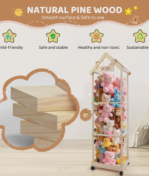 Wooden Cuddly Toy Storage, Stuffed Toy Storage with 360° Brake Equipped Wheels, 145 X 47 X 35 cm Plush Toy Storage for Playroom