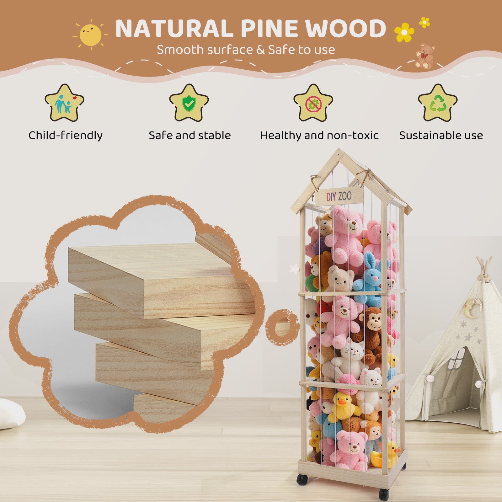 Wooden Cuddly Toy Storage, Stuffed Toy Storage with 360° Brake Equipped Wheels, 145 X 47 X 35 cm Plush Toy Storage for Playroom