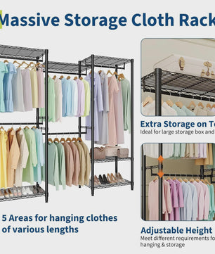 Robuust Kledingrek met 8 Draadplanken en 5 Hangroedes - Verstelbare Garderobe Organizer
