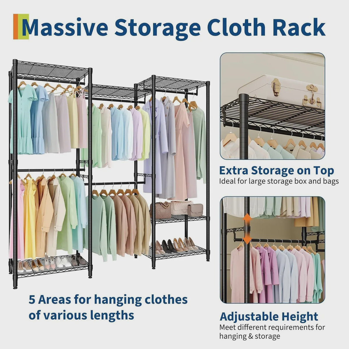Robuust Kledingrek met 8 Draadplanken en 5 Hangroedes - Verstelbare Garderobe Organizer