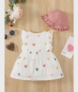 Schattige Baby Meisjes Jurk met Strik en Mutsje - Hartjes Print Zomer Set (0-9 Maanden)