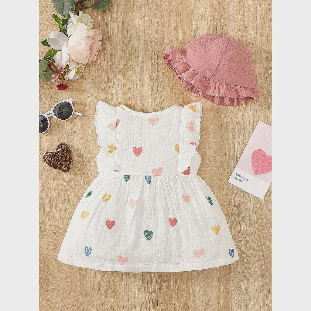 Schattige Baby Meisjes Jurk met Strik en Mutsje - Hartjes Print Zomer Set (0-9 Maanden)