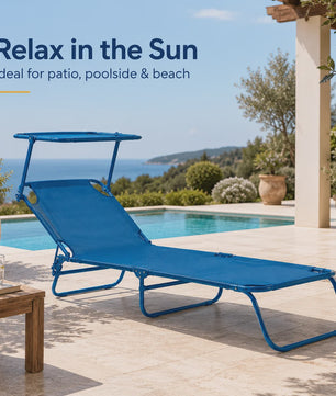 Opvouwbare Loungestoel 188cm met Verstelbare Rugleuning en Zonnekap - Blauw/Zand