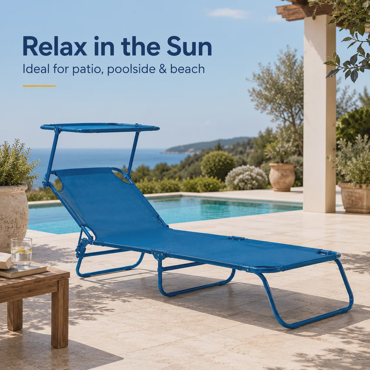 Opvouwbare Loungestoel 188cm met Verstelbare Rugleuning en Zonnekap - Blauw/Zand