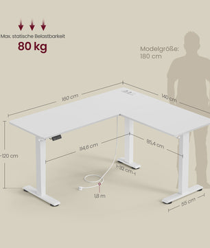 Elektrisch In Hoogte Verstelbaar L-Bureau met Laadstation - 140x160 cm