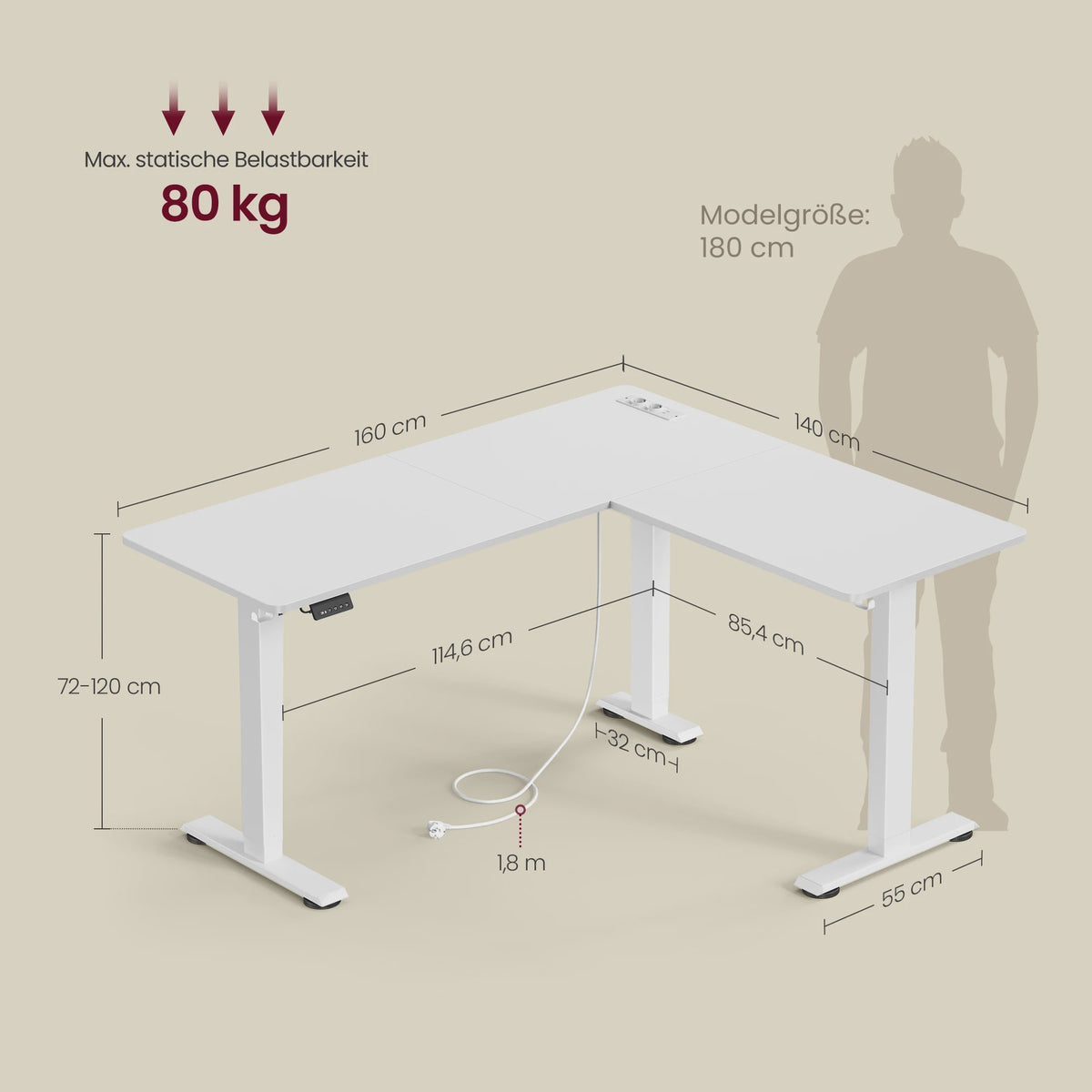 Elektrisch In Hoogte Verstelbaar L-Bureau met Laadstation - 140x160 cm