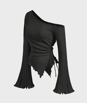 Dames Off-Shoulder T-shirt met Trompetmouwen en Asymmetrische Pasvorm