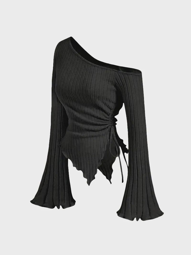 Dames Off-Shoulder T-shirt met Trompetmouwen en Asymmetrische Pasvorm