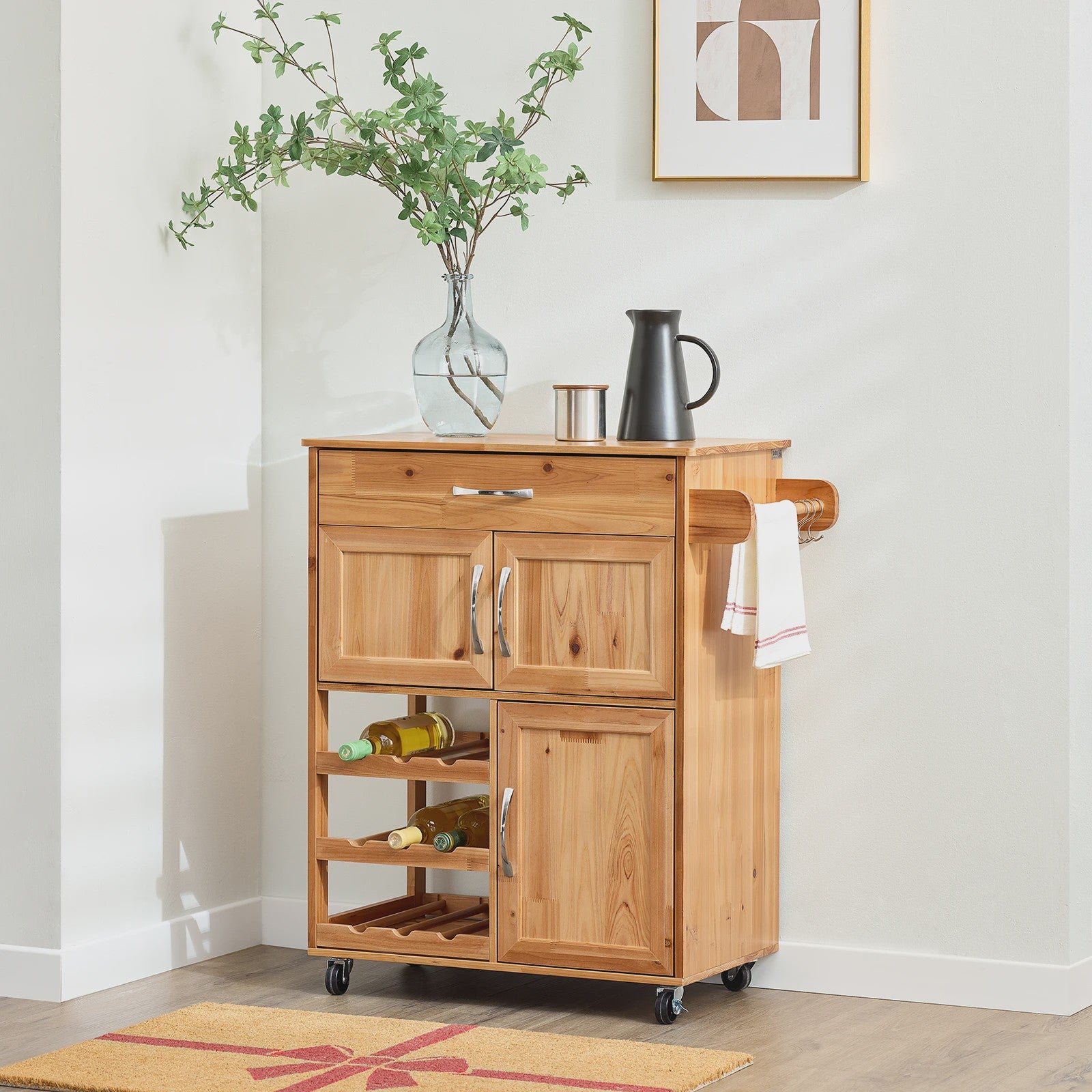 SoBuy FKW45 Keukentrolley met Werkblad - Massief Hout, Serveerwagen met Wielen - 75x86x38cm