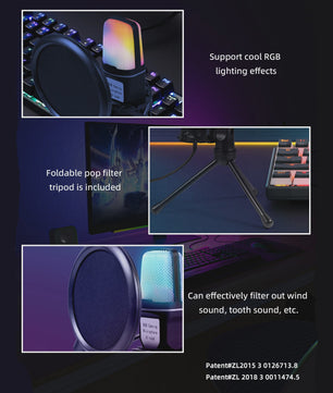 Professionele USB Condensator Microfoon voor Gaming, Streaming & Podcast - Met RGB Verlichting