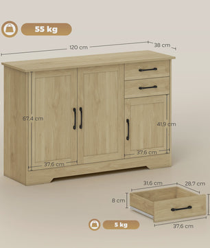Modern Dressoir met 3 Deuren en 2 Lades - 120x38x79 cm - Natuurlijk Hout