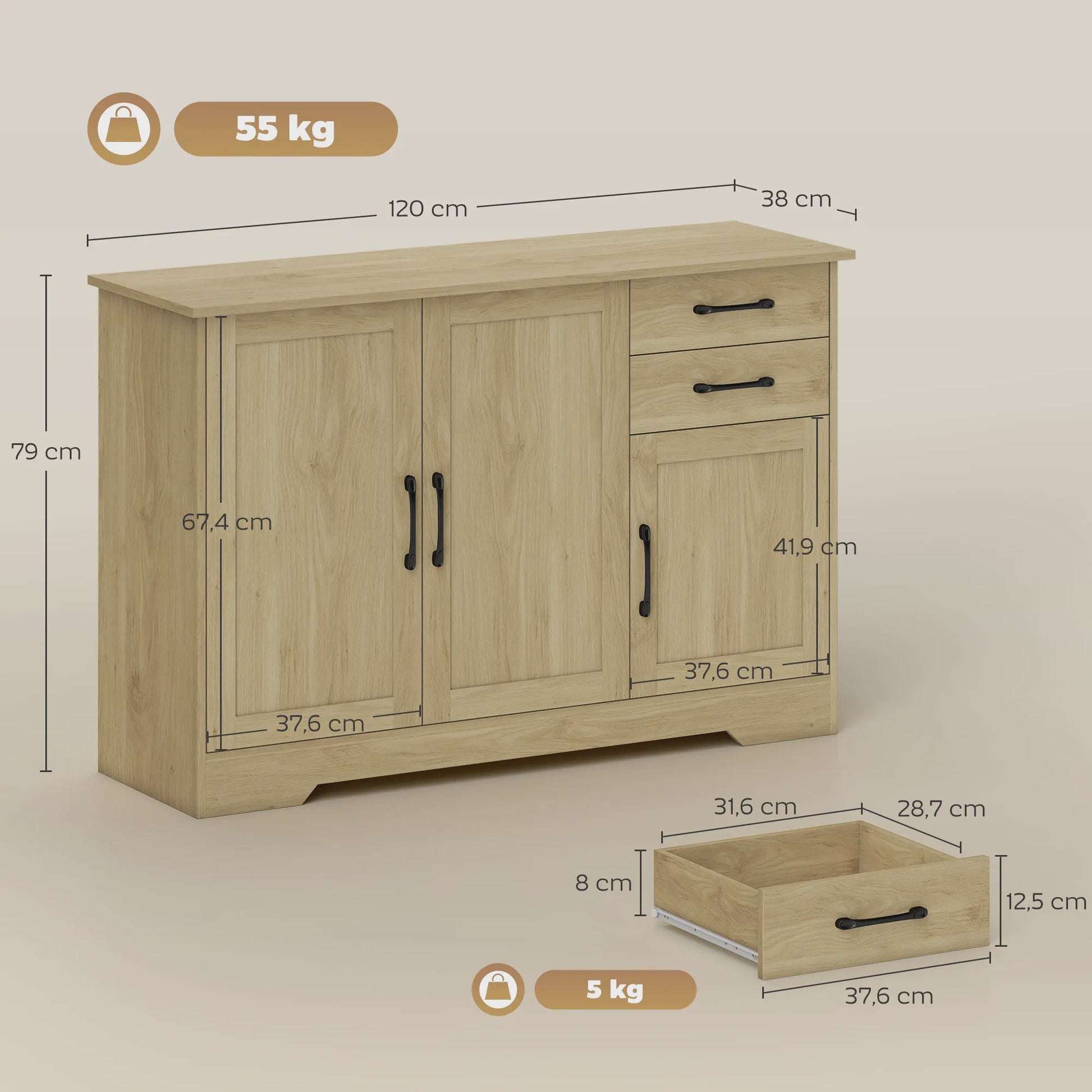 Modern Dressoir met 3 Deuren en 2 Lades - 120x38x79 cm - Natuurlijk Hout