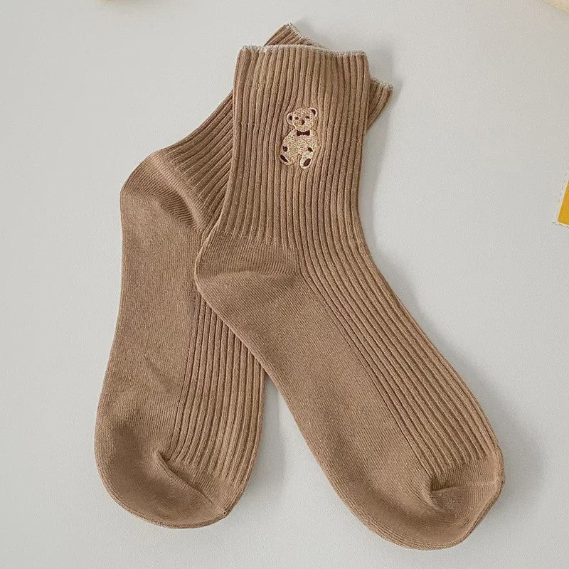 Zachte Katoenen Sokken met Berenprint - 5 Paar Kawaii Sokken voor Dames - Casual Herfst/Winter Stijl