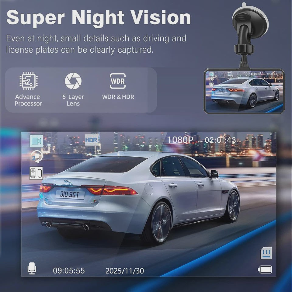 E-ACE Full HD 1080P Dash Cam met 4-inch Touch IPS Scherm, Dubbele Camera Voor & Achter, Nachtzicht en Parkeerfunctie