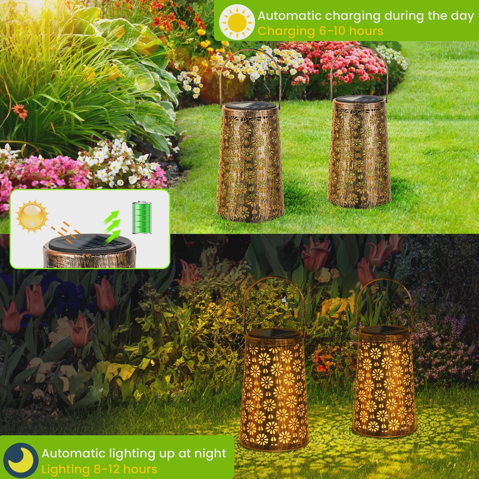 Set Zonne-energie Buitenlantaarns - Decoratieve Metalen Hanglampen voor Tuin, Terras & Pad