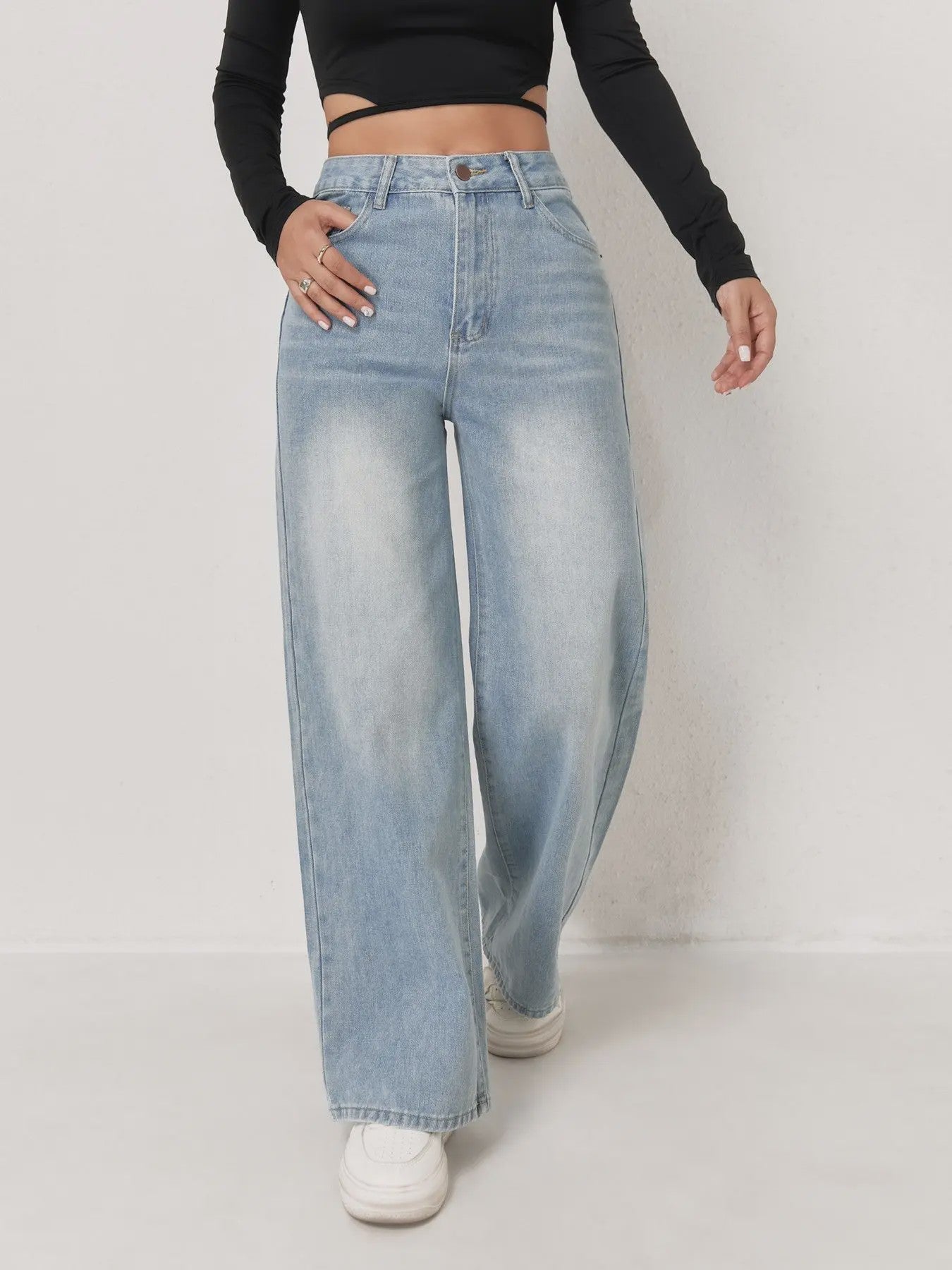Lichtblauwe Y2k Wide Leg Jeans voor Dames - Comfortabele Denim Broek met Hoge Taille