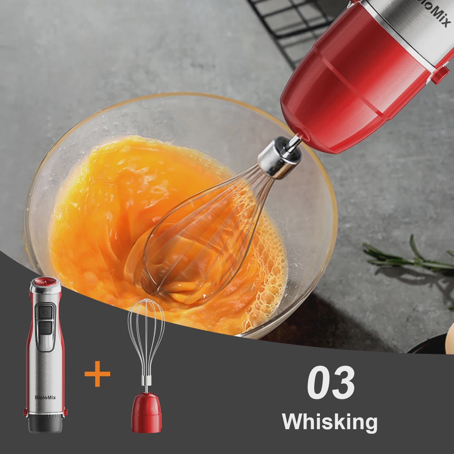 BioloMix Red 1200W 4-in-1 Hand Blender: Krachtige Staafmixer met Hakker & Smoothiebeker voor Babyvoeding en IJs