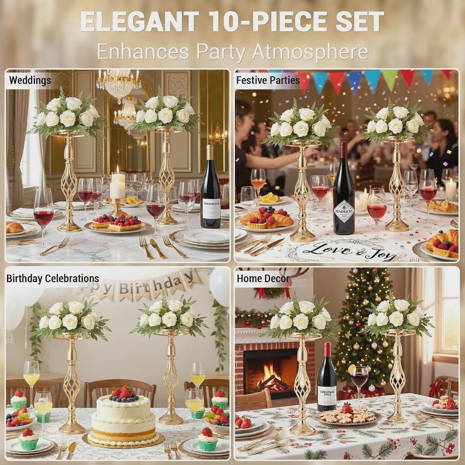 Set van 10 Gouden Metalen Bloemenstandaards - 52 cm Hoog - Stijlvolle Decoratie