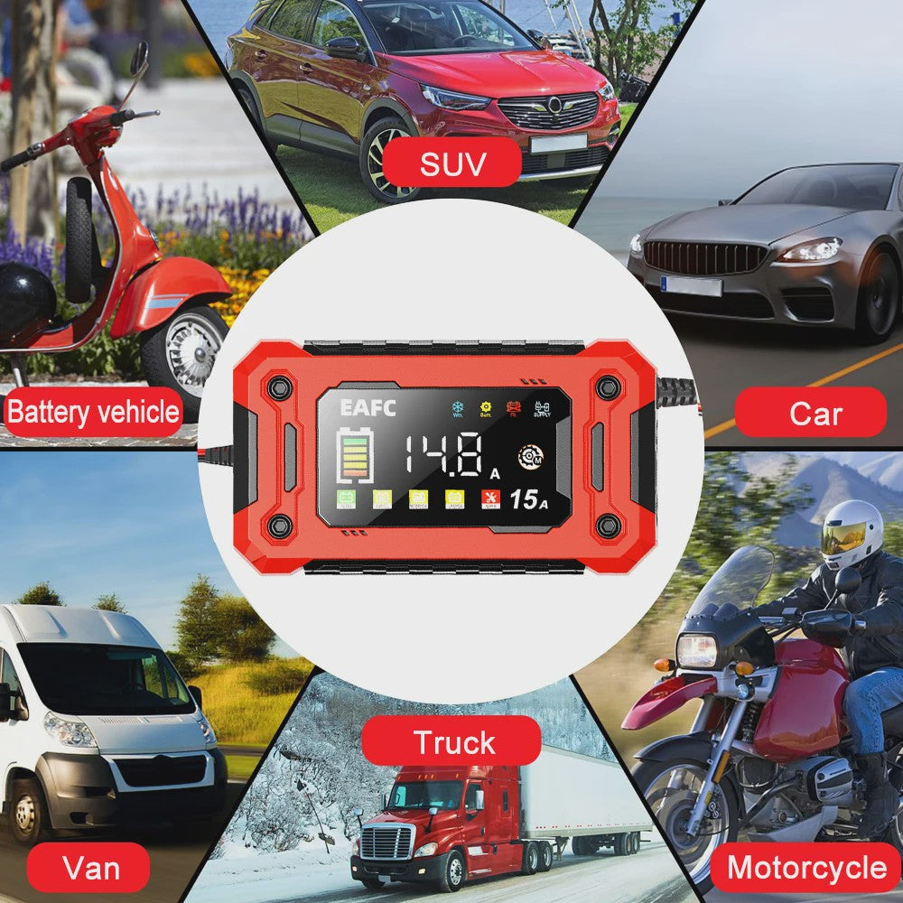 Slimme Acculader 12V 15A met LCD Display en Pulsreparatie voor Auto, Motor, SUV