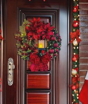 30cm Kerstkrans met Lantaarn en Grote Strik - Decoratieve Deurkrans voor de Feestdagen
