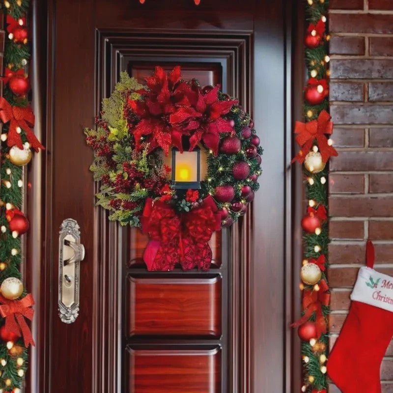 30cm Kerstkrans met Lantaarn en Grote Strik - Decoratieve Deurkrans voor de Feestdagen