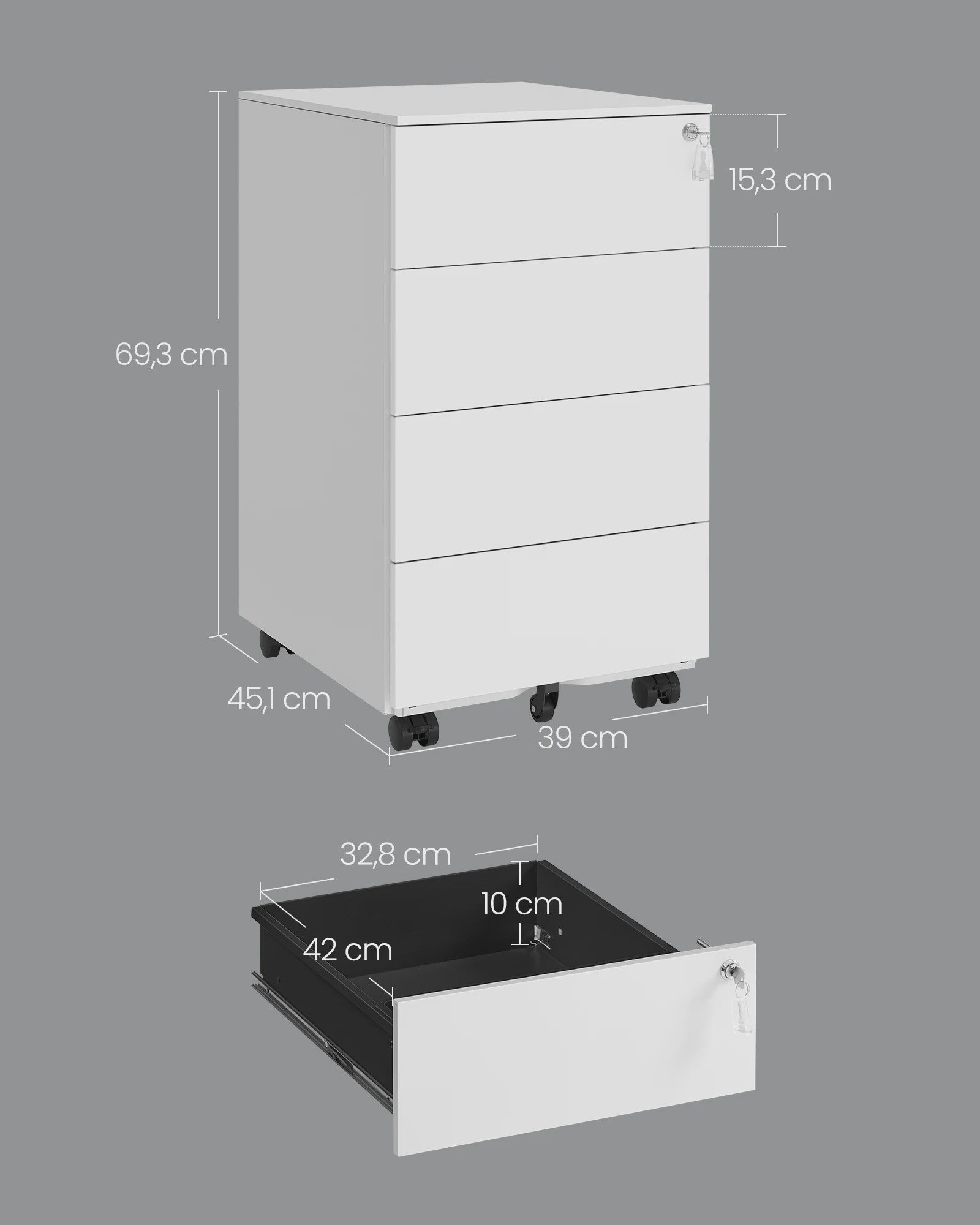 Mobiele Archiefkast op Wielen met 4 Lades en Slot - Metaal