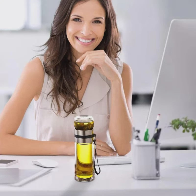Dubbelwandige Glazen Theefles met Infuser - Lekvrij & Draagbaar