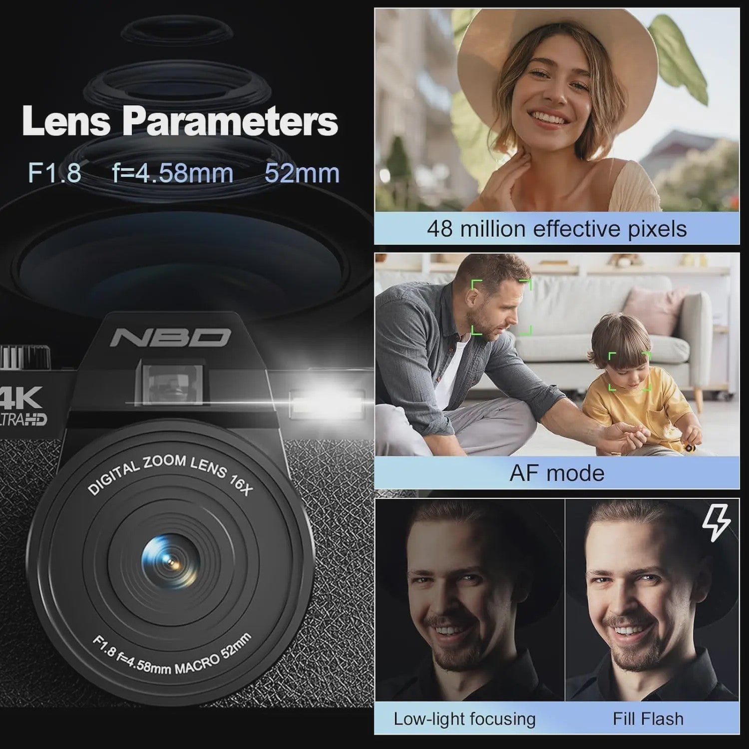 4K Digitale Camera 48MP met 16x Zoom, Draaibaar Scherm & Macro Lens voor Vlogging