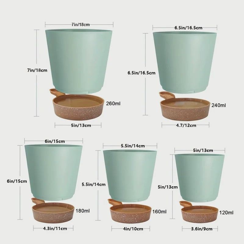 Set van 5 Zelfwaterende Plantenpotten voor Binnen - Diverse Maten (5-7 Inch)