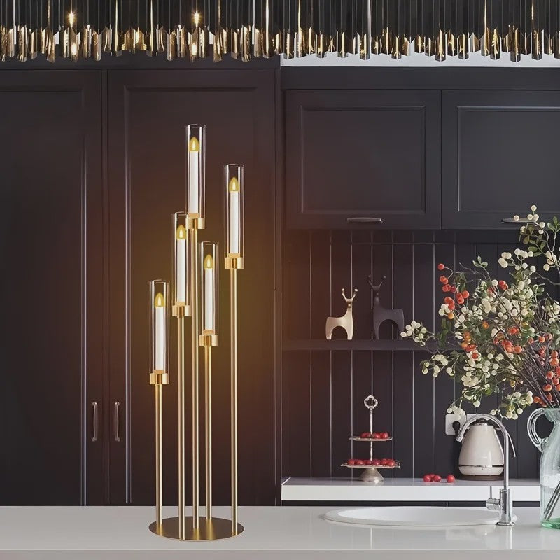 Gouden 5-armige Kandelaar met Glazen Kap - Stijlvolle Vloerstandaard voor Feesten en Decoratie