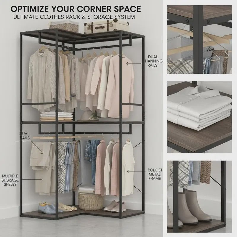 Hoek Kledingrek Wardrobe met Opslagplanken en Hangrail - 100x100x200 cm