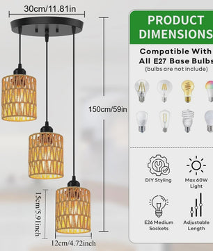 3-Lichts Rotan Hanglamp - Farmhouse Boho Stijl met Wicker Kappen voor Eetkamer, Keuken & Slaapkamer
